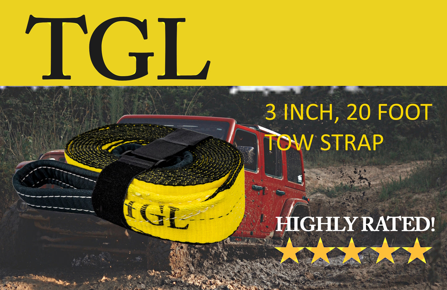 TGL Heavy Duty Tow Strap, 3" x 20', 30,000 lb Break Strength Tree Saver Winch & Recovery Rope, Reinforced Loops - Emergency Strap for Truck, UTV, ATV - Compatible with Jeep Accessories, Ford, Toyota.