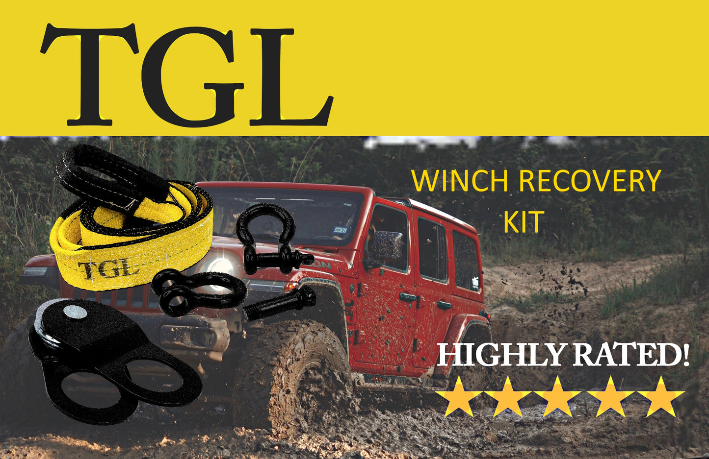 TGL Offroad Recovery Winch Kit - 10 Ton Heavy Duty Winch Snatch Block Pulley, 3" x8' Tree Saver, Tow Strap, Winch Strap and 2pk 3/4" D Ring Shackles. Compatible with Jeep Accessories, Ford, Toyota.