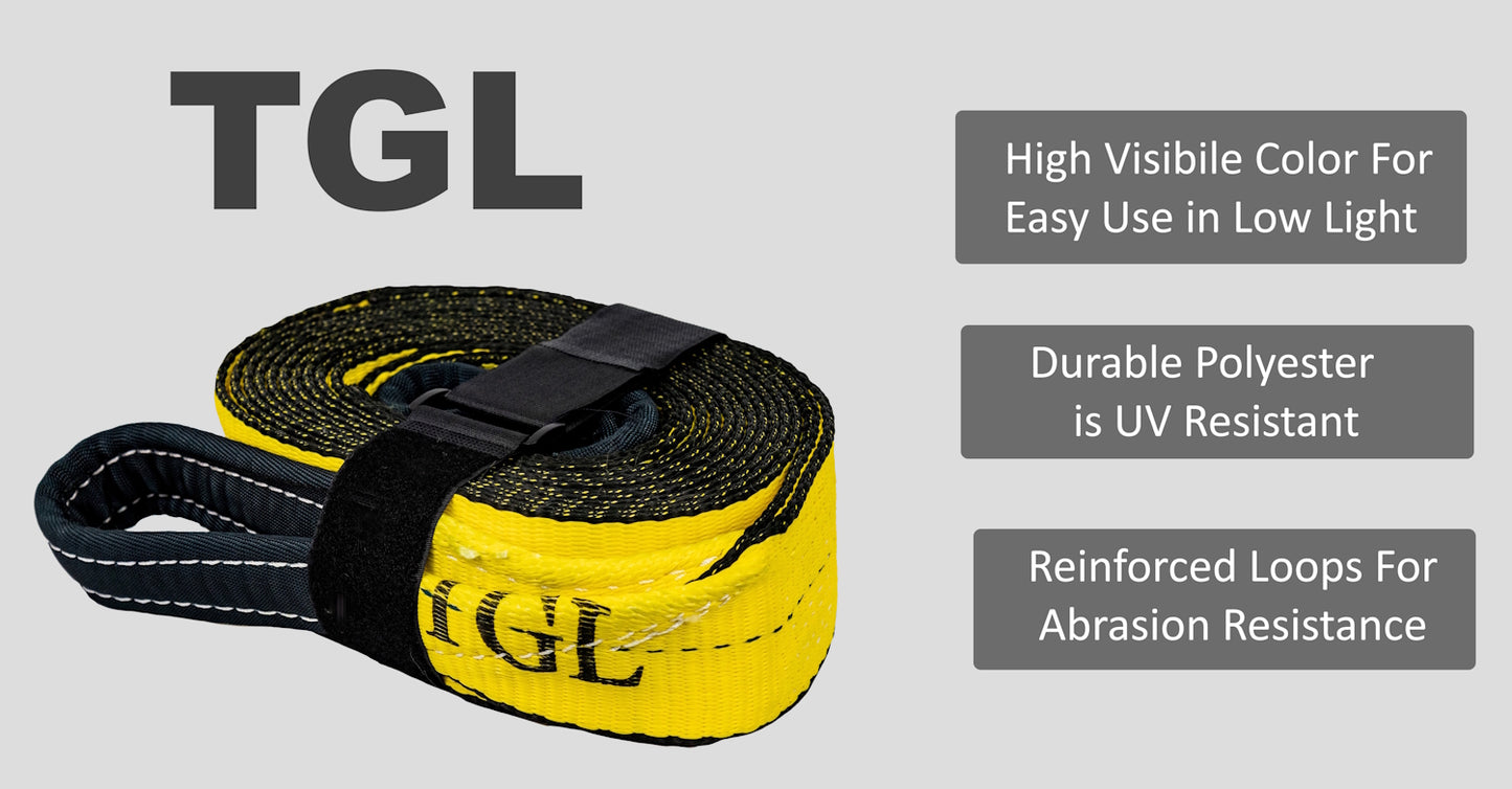 TGL 3 inch, 20 Foot Heavy Duty Tow Strap with Loops. Includes 2-Pack of Recovery Soft Shackles. Tow Strap Recovery Kit for Trucks is Perfect for Truck Towing. Compatible with Jeep, Ford, Toyota.