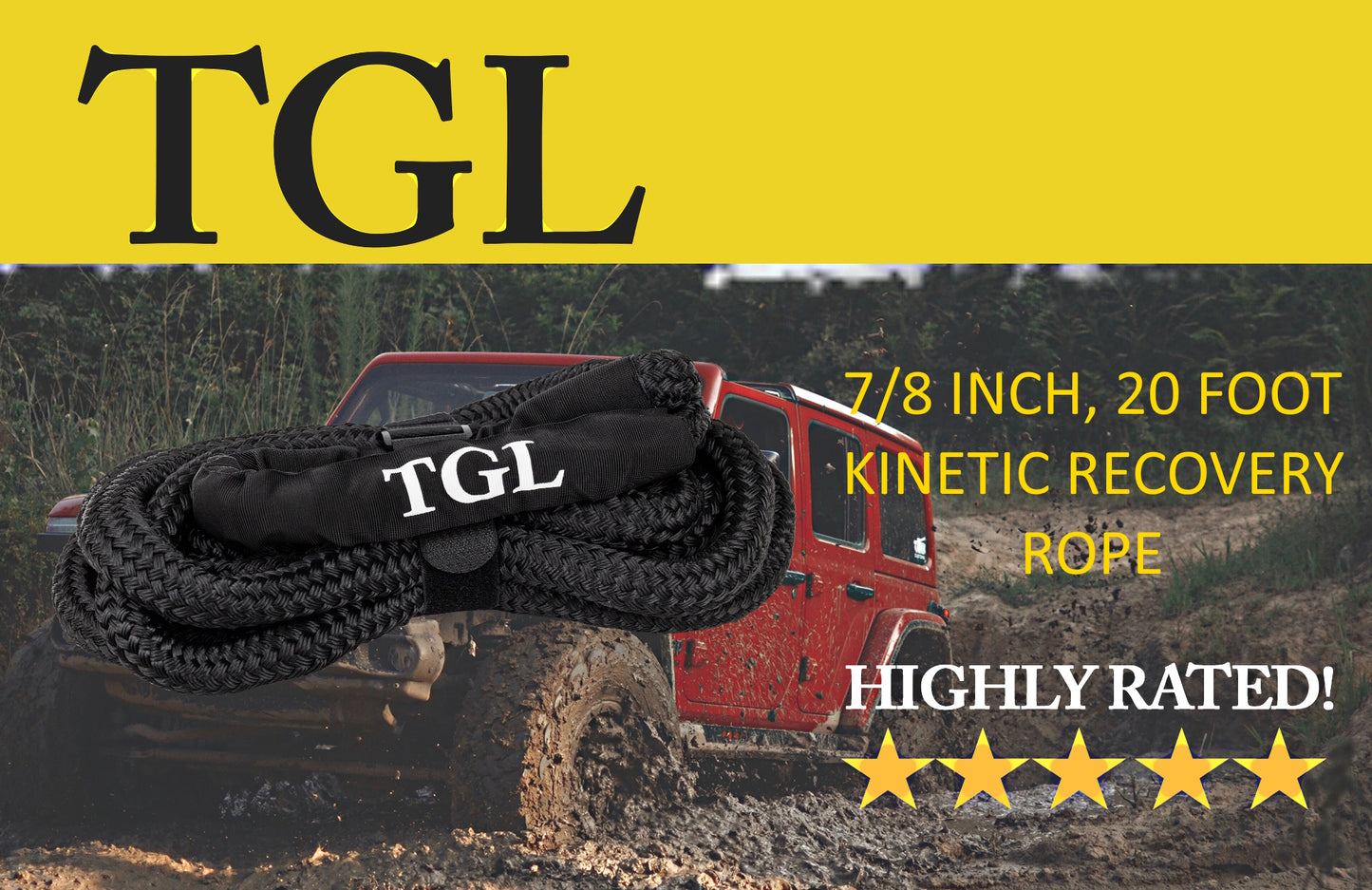 TGL 7/8 inch, 20 Foot USA Kinetic Recovery Tow Rope, Heavy Duty Offroad Snatch Strap for UTV, ATV, Truck, Car, Tractor - Elastic Straps Towing Gear