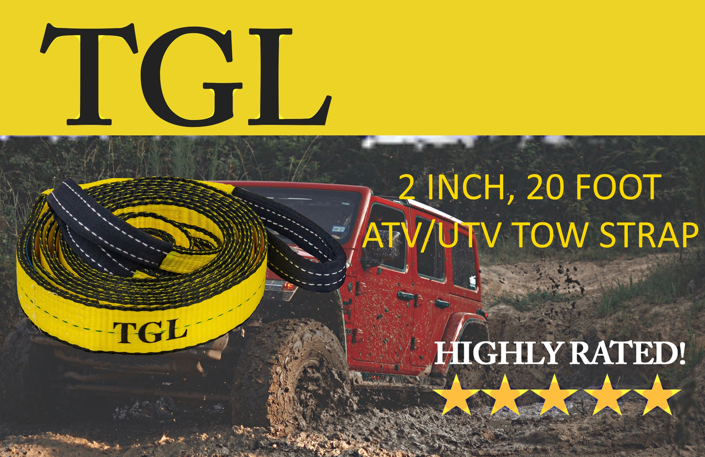 TGL 2 inch, 20 Foot Tow Strap, Tow Rope Heavy Duty with Reinforced Loops 10,000 Pound Capacity