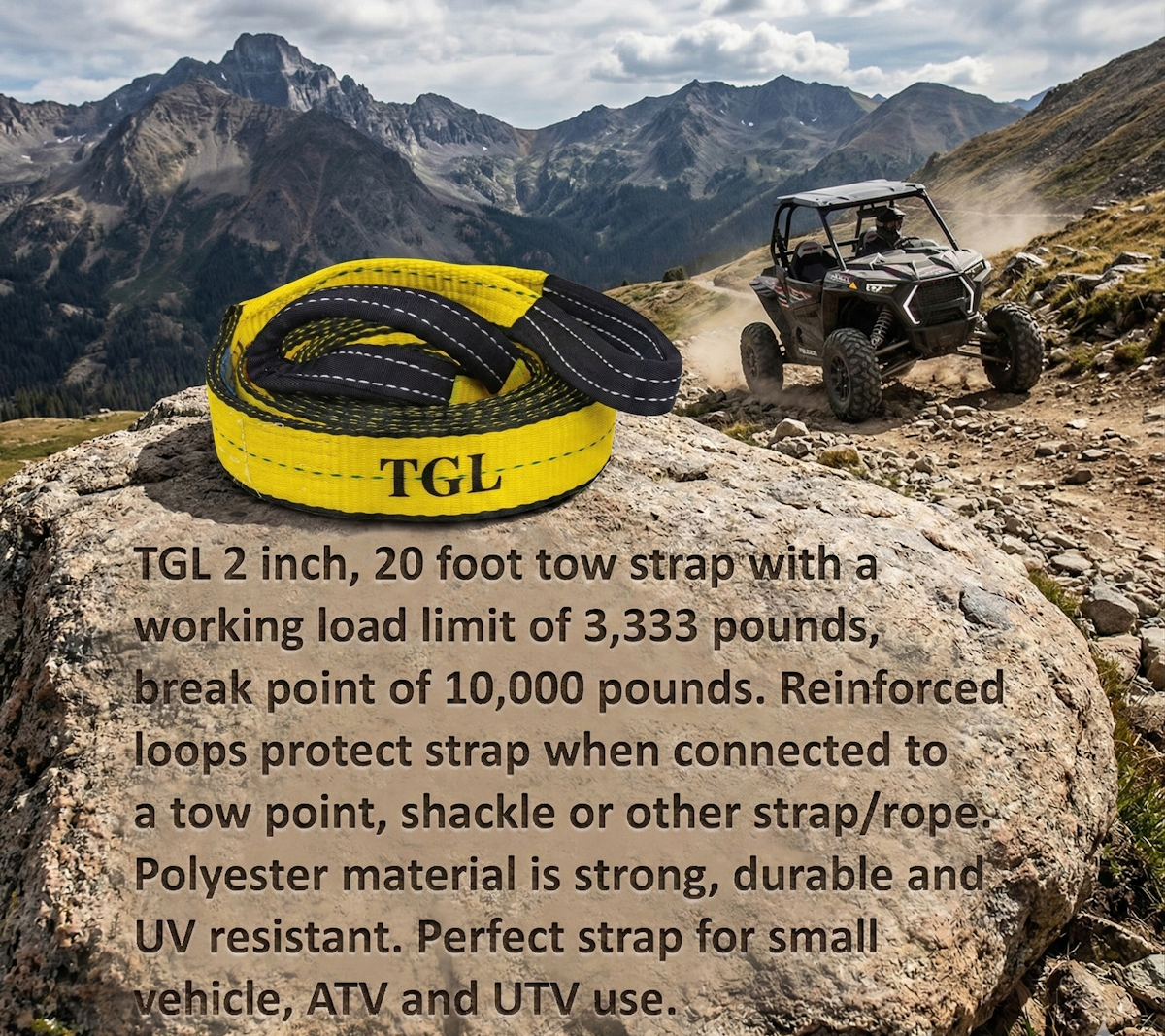 TGL 2 inch, 20 Foot Tow Strap, Tree Saver, Tow Rope Heavy Duty with Reinforced Loops 10,000 Pound Capacity. Compatible with Polaris, Honda, Can-Am ATV, UTV, Side by Side and Other Utility Vehicles.