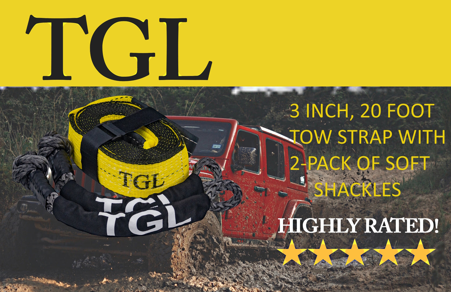 TGL 3 inch, 20 Foot Heavy Duty Tow Strap with Loops. Includes 2-Pack of Recovery Soft Shackles. Tow Strap Recovery Kit for Trucks is Perfect for Truck Towing. Compatible with Jeep, Ford, Toyota.