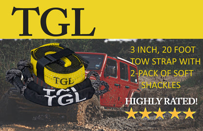 TGL 3 inch, 20 Foot Heavy Duty Tow Strap with Loops. Includes 2-Pack of Recovery Soft Shackles. Tow Strap Recovery Kit for Trucks is Perfect for Truck Towing. Compatible with Jeep, Ford, Toyota.