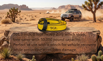 TGL 3 inch, 8 Foot Tree Saver, Emergency Recovery Tow Strap Winch Extension, Pull Strap 30,000 lbs MBS, Reinforced Loop Ends for Truck, UTV, ATV - Compatible with Jeep Accessories, Ford, Toyota