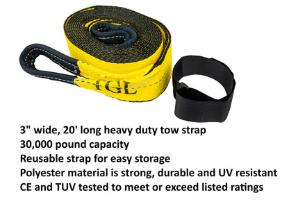 TGL 3 inch, 20 Foot Heavy Duty Tow Strap with Loops. Includes 2-Pack of Recovery Soft Shackles. Tow Strap Recovery Kit for Trucks is Perfect for Truck Towing. Compatible with Jeep, Ford, Toyota.