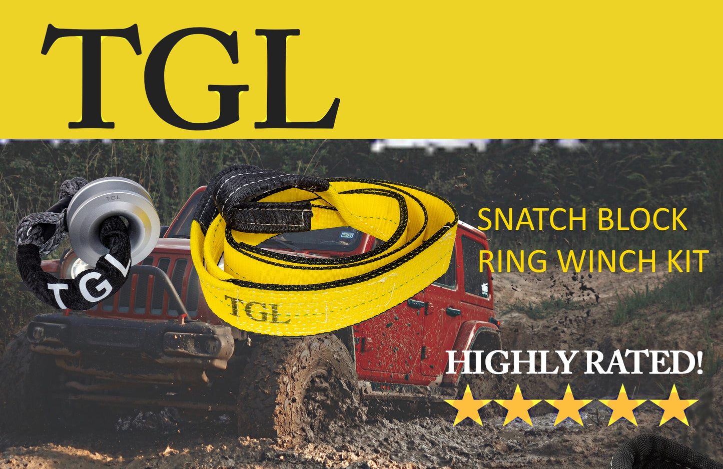 TGL Snatch Block Winch Pulley Ring with Recovery Soft Shackle, 3" Tree Saver Heavy Duty Strap with Loops