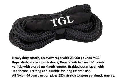 TGL 7/8 inch, 20 Foot USA Kinetic Recovery Tow Rope, Heavy Duty Offroad Snatch Strap for UTV, ATV, Truck, Car, Tractor - Elastic Straps Towing Gear