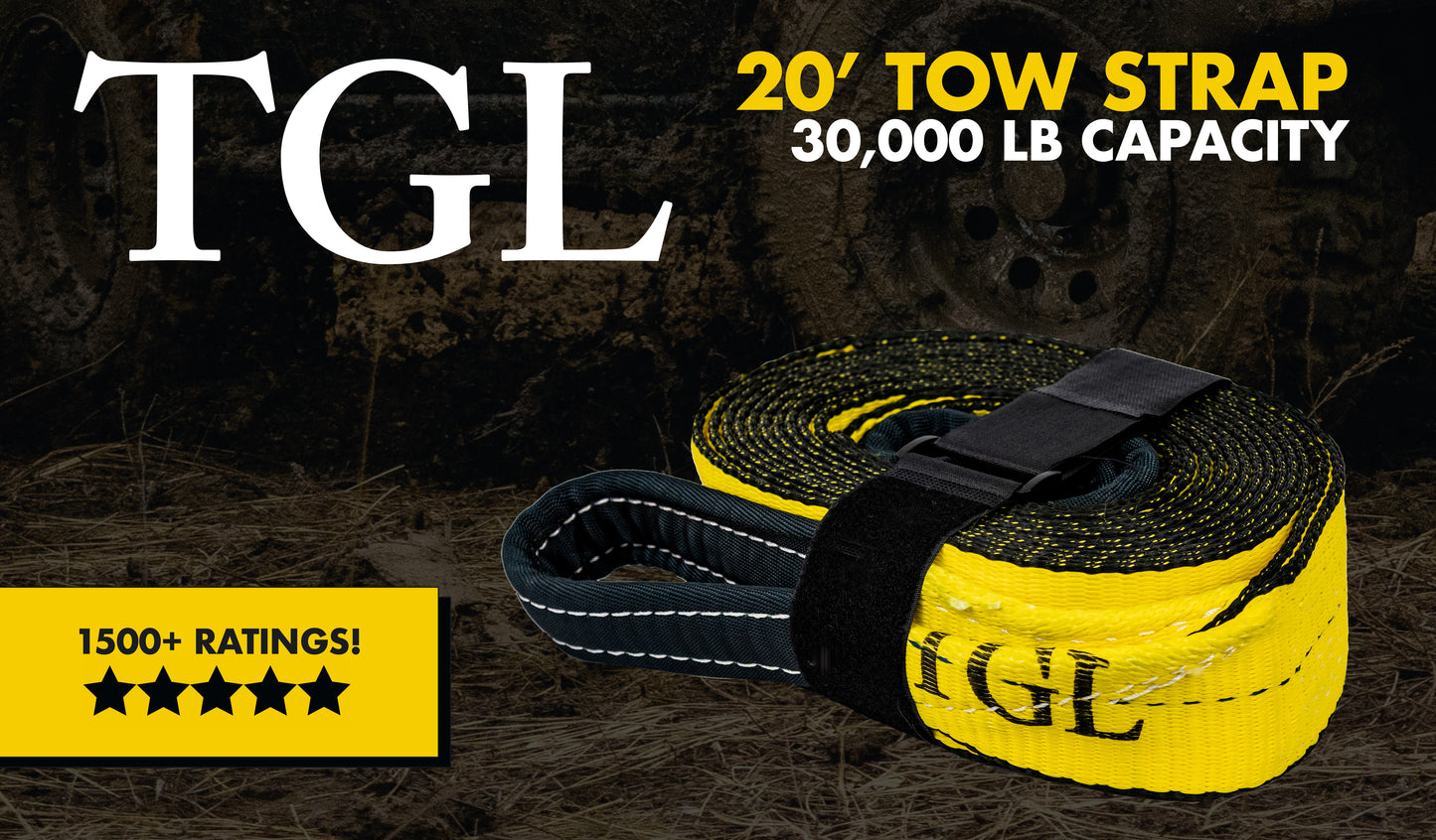 TGL 3 inch, 20 Foot Tow Strap, 30,000 Pound Capacity with Reusable Storage Strap